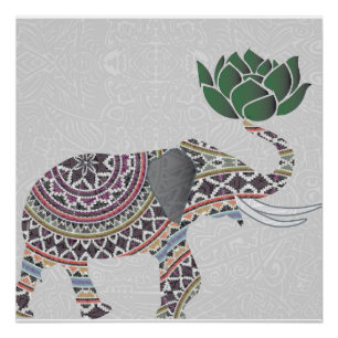 Elephant Poster Indian Bohemian Design With Lotus