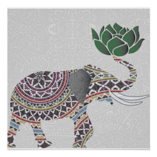 Elephant Poster Indian Bohemian Design With Lotus