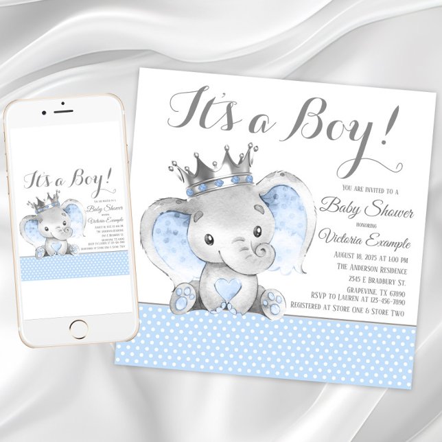 Elephant Prince Baby Shower Invitation (Boy elephant baby shower invitation. Instant download and printed invitations are available.)