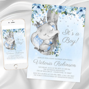 Elephant Prince Boy Baby Shower Invitation