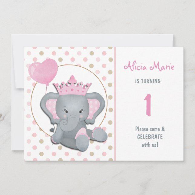 Elephant Princess Girl Birthday Party Invitation (Front)