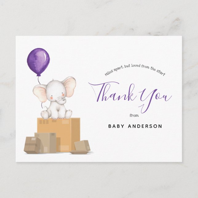 Elephant Purple Baby Shower by Mail Thank You Postcard (Front)