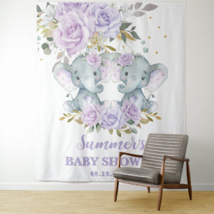 Elephant Purple Floral Twins Baby Shower Backdrop Tapestry