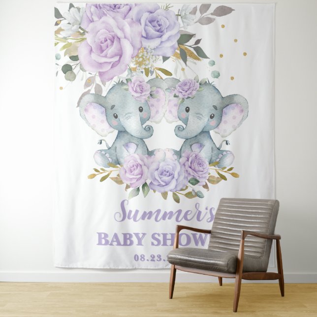 Elephant Purple Floral Twins Baby Shower Backdrop Tapestry (In Situ)