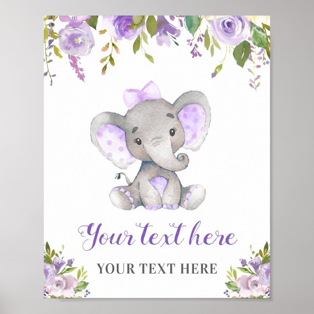 Elephant Purple Girl Baby Shower Sprinkle Birthday Poster (Front)