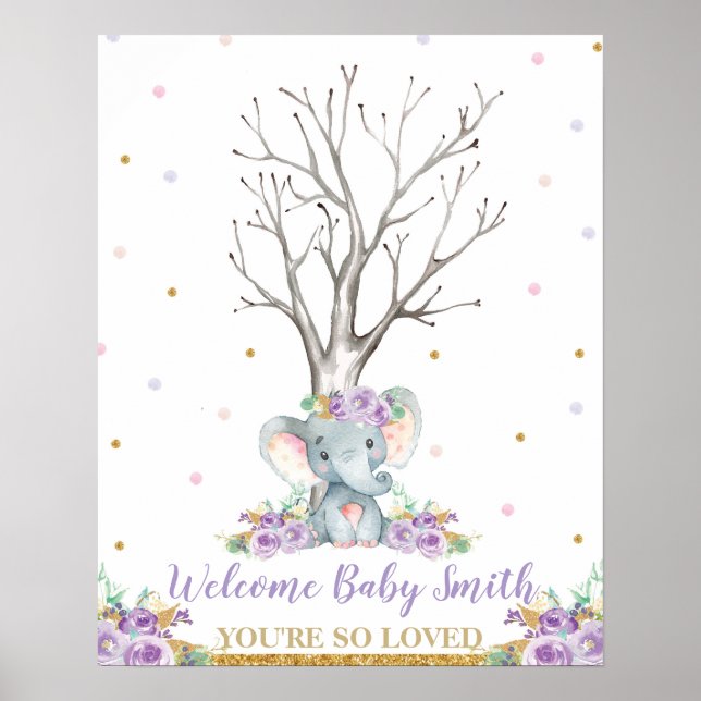 Elephant Purple Girl Baby Shower Thumbprints Tree Poster (Front)