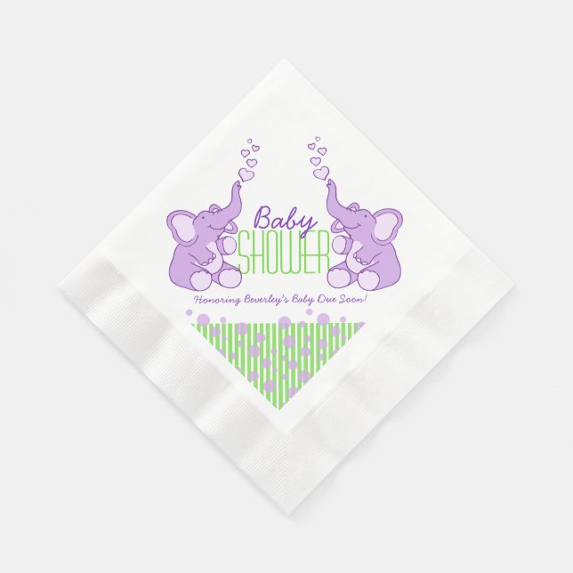 Elephant purple green name baby shower napkins (Corner)