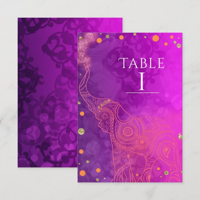 Elephant Purple Pink Orange & Gold Table Number (Front/Back)