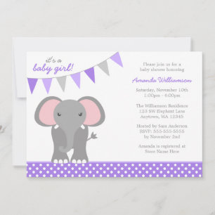 Elephant Purple Polka Dot Banner Girl Baby Shower Invitation
