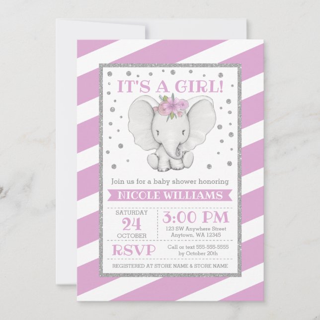 Elephant Purple Stripes Baby Shower Invitations (Front)