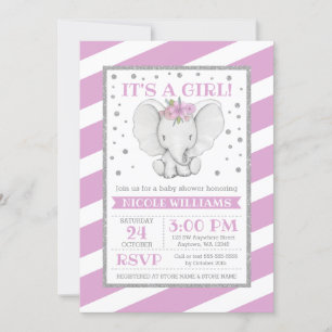 Elephant Purple Stripes Baby Shower Invitations