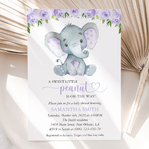 Elephant, Purple Watercolor Flowers, Baby Shower Invitation