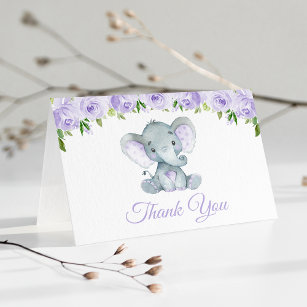 Elephant, Purple Watercolor Flowers, Baby Shower Thank You Card