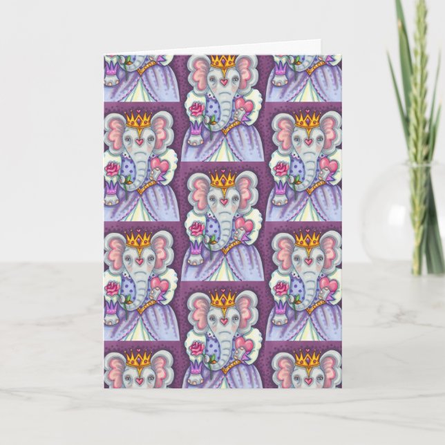ELEPHANT QUEEN OF HEARTS AND ROSES ROYAL VALENTINE HOLIDAY CARD (Front)