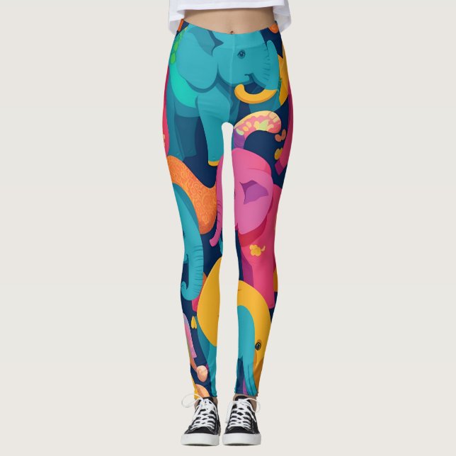 Elephant Rainbow Colourful Personalised Pattern Leggings (Front)