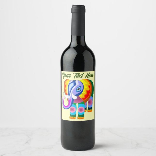 Elephant Rainbow Colours Patchwork Wine Label (Front)
