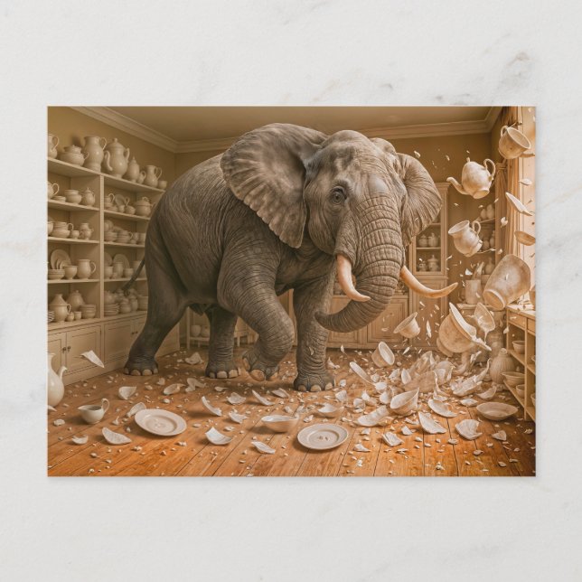Elephant Rampages Through China Shop Holiday Postcard (Front)