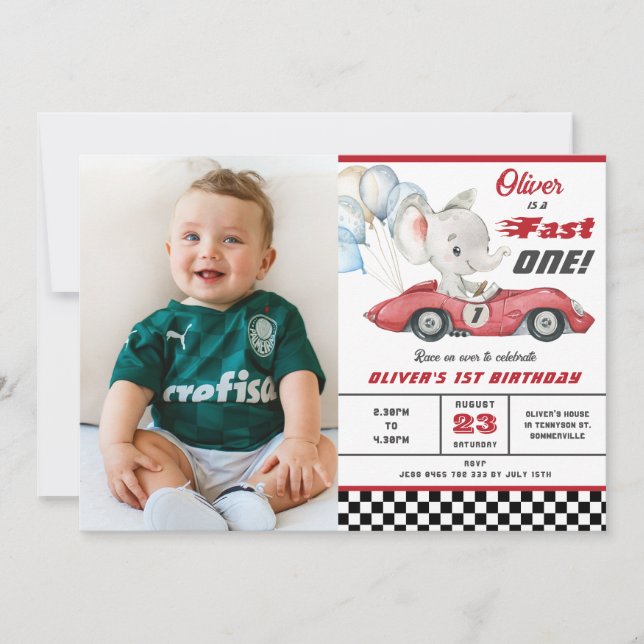 Elephant Red Race Car Fast One 1st First Birthday  Invitation (Front)