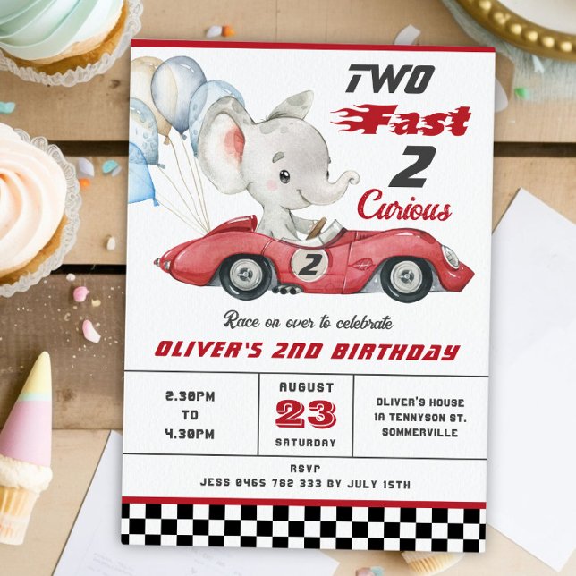 Elephant Red Race Car Two Fast 2nd Birthday Invitation (Creator Uploaded)