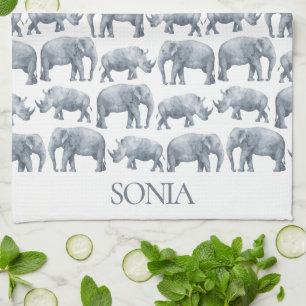 Elephant Rhino Watercolor pattern Tea Towel