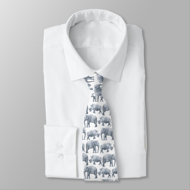 Elephant Rhino Watercolor pattern Tie (Tied)