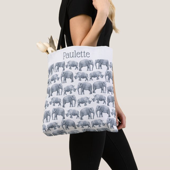 Elephant Rhino Watercolor pattern Tote Bag (Close Up)
