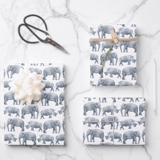 Elephant Rhino Watercolor pattern Wrapping Paper Sheet (Front)