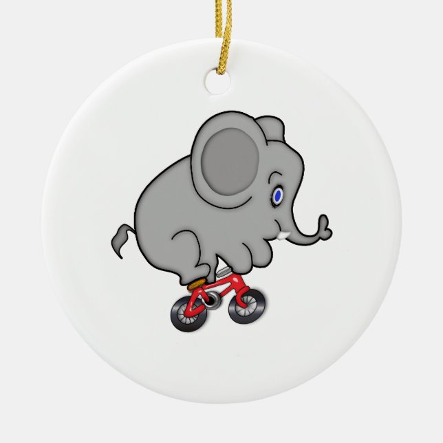 Elephant Riding a Bike Ceramic Tree Decoration (Front)