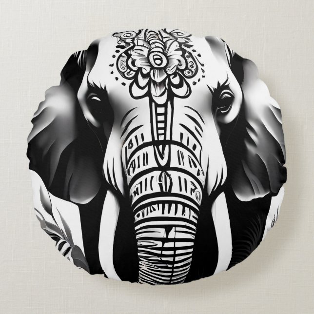 Elephant Round Cushion black and white  (Front)