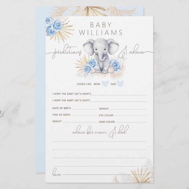 Elephant Safari Baby Shower Boy Prediction Game (Front/Back)