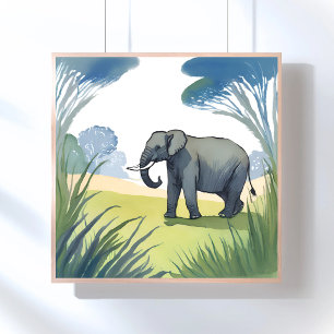Elephant Safari Beautiful Nature Watercolor Poster
