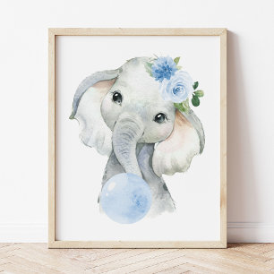 Elephant, Safari, Blue Bubble Gum, Boy Nursery Poster