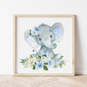 Elephant, Safari, Blue Flowers, Boy Nursery Poster
