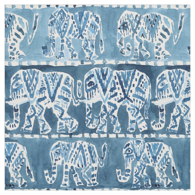 ELEPHANT SAFARI Boho Tribal Indigo Watercolor Fabric (Swatch)