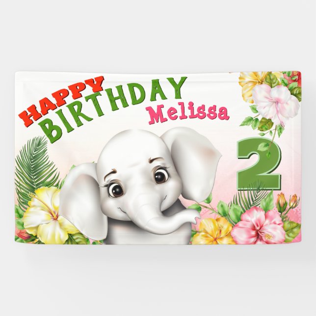 Elephant Safari Girl Birthday Banner (Horizontal)