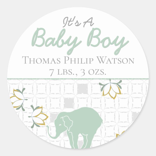 Elephant Safari Green Neutral | Birth Announcement Classic Round Sticker (Front)