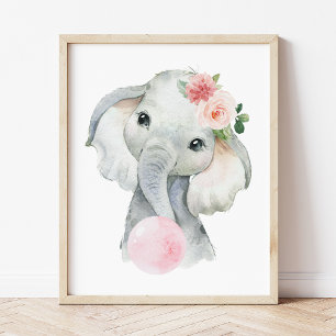 Elephant, Safari, Pink Bubble Gum, Girl Nursery Photo Print