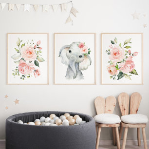 Elephant, Safari, Pink Flowers, Girl Nursery
