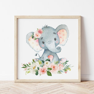 Elephant, Safari, Pink Flowers, Girl Nursery Photo Print