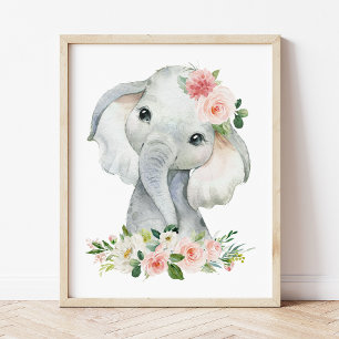 Elephant, Safari, Pink Flowers, Girl Nursery Photo Print