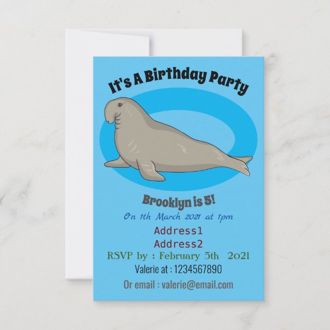 Elephant seal cartoon illustration invitation (Front)
