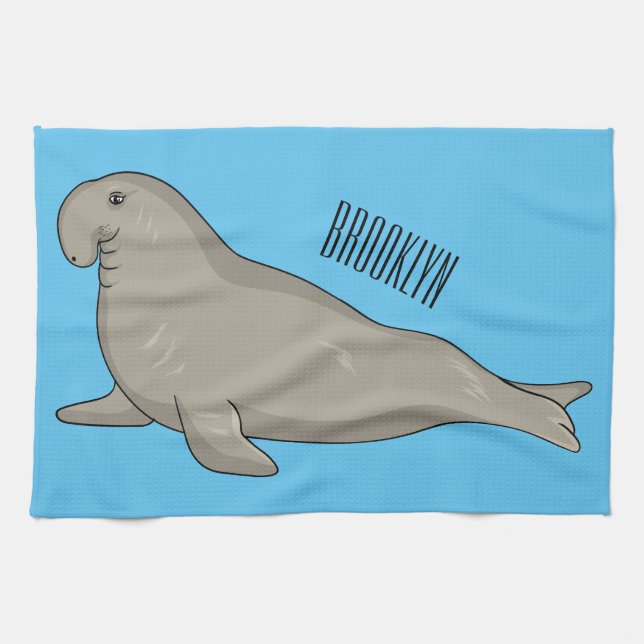 Elephant seal cartoon illustration tea towel (Horizontal)