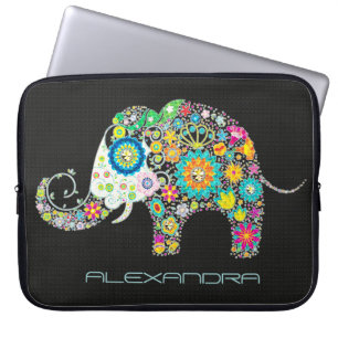 Elephant Shape Colourful Retro Flowers Laptop Sleeve