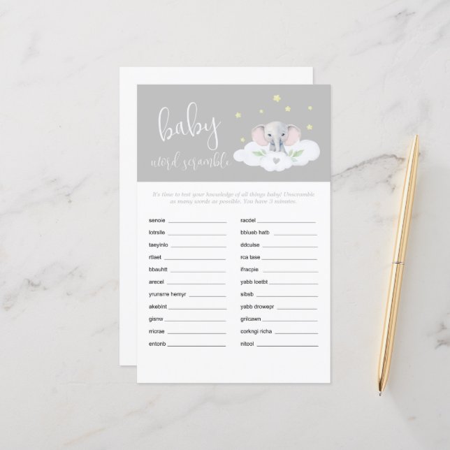 Elephant Shower Baby Word Scramble Game Grey (Front/Back In Situ)