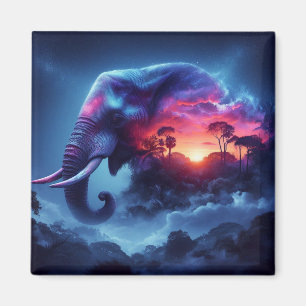 Elephant Silhouette Merged with Vibrant Sunset Magnet