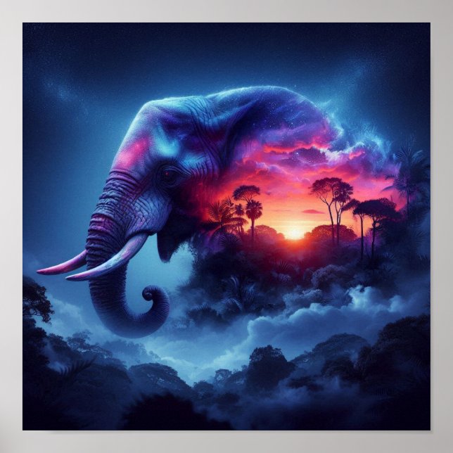 Elephant Silhouette Merged with Vibrant Sunset Poster (Front)