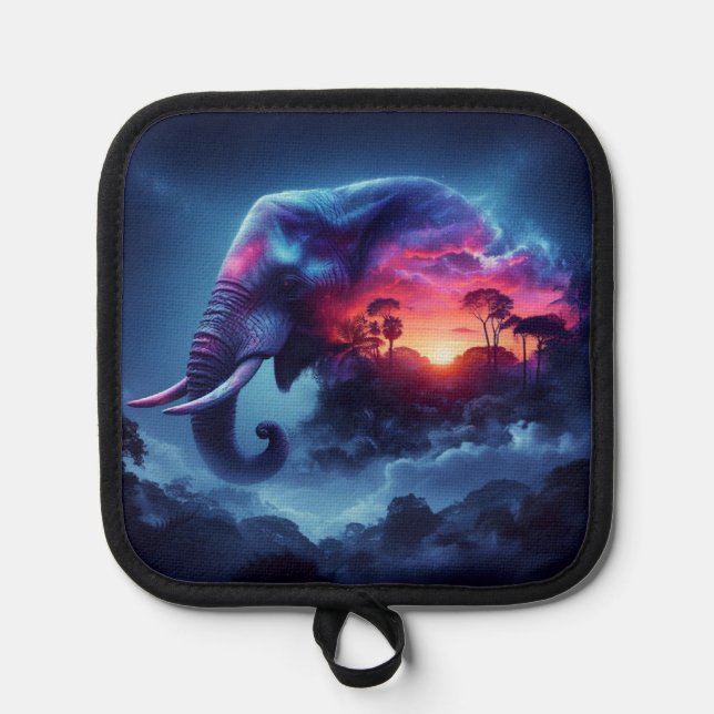 Elephant Silhouette Merged with Vibrant Sunset Pot Holder (Front)