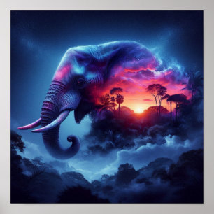 Elephant Silhouette Vibrant Sunset Safari Art Poster