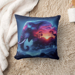 Elephant Silhouette Vibrant Sunset Safari Cushion