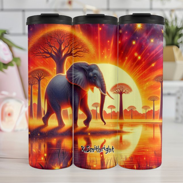 Elephant Silhouetted Against Fiery Sunset Thermal Tumbler (Creator Uploaded)